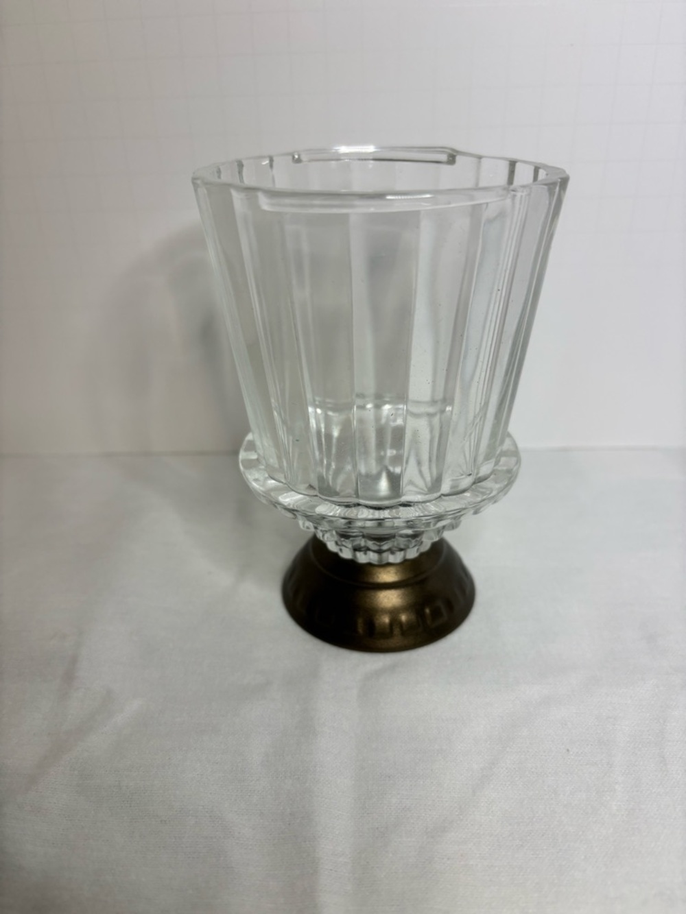 Fluted Glass Votive Cup or Hurricane Candle Holder. Ribbed design & a Metal Base